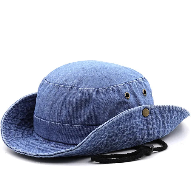 Denim Cowboy Bucket Hat with String Sun Hat - Image 3