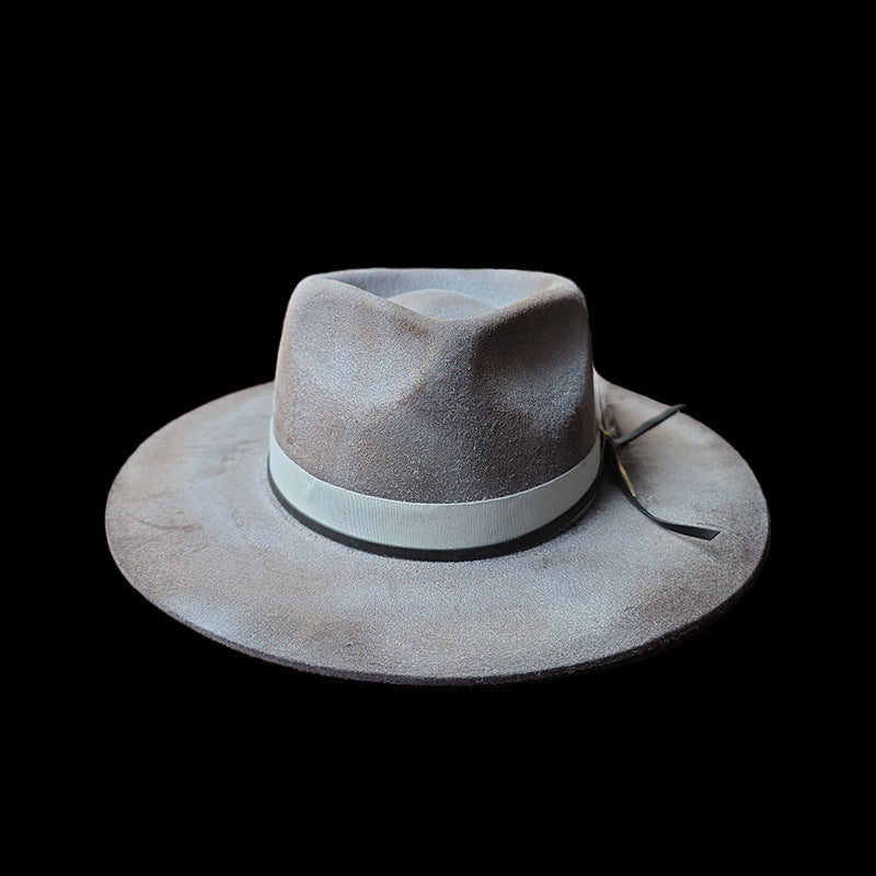 Distressed Fedora with Smoke Grey White Ribbon and Feather - Image 4
