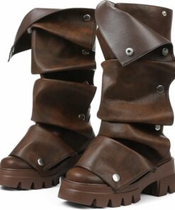 Brown Pu Fold Over Boots KI53