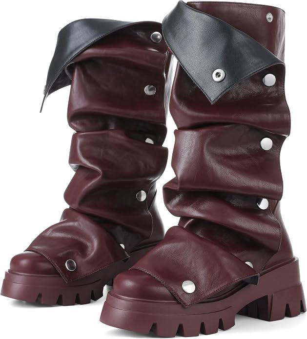 Burgundy Pu Fold Over Boots KI52