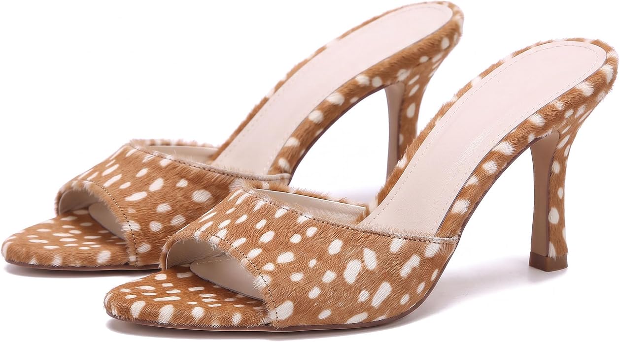 Fur Deer Print High Heel Mules KI44