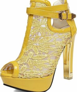 Yellow Pretty Lace Flowers High Heels KI57
