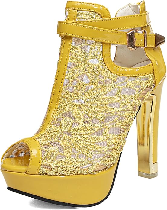Yellow Pretty Lace Flowers High Heels KI57