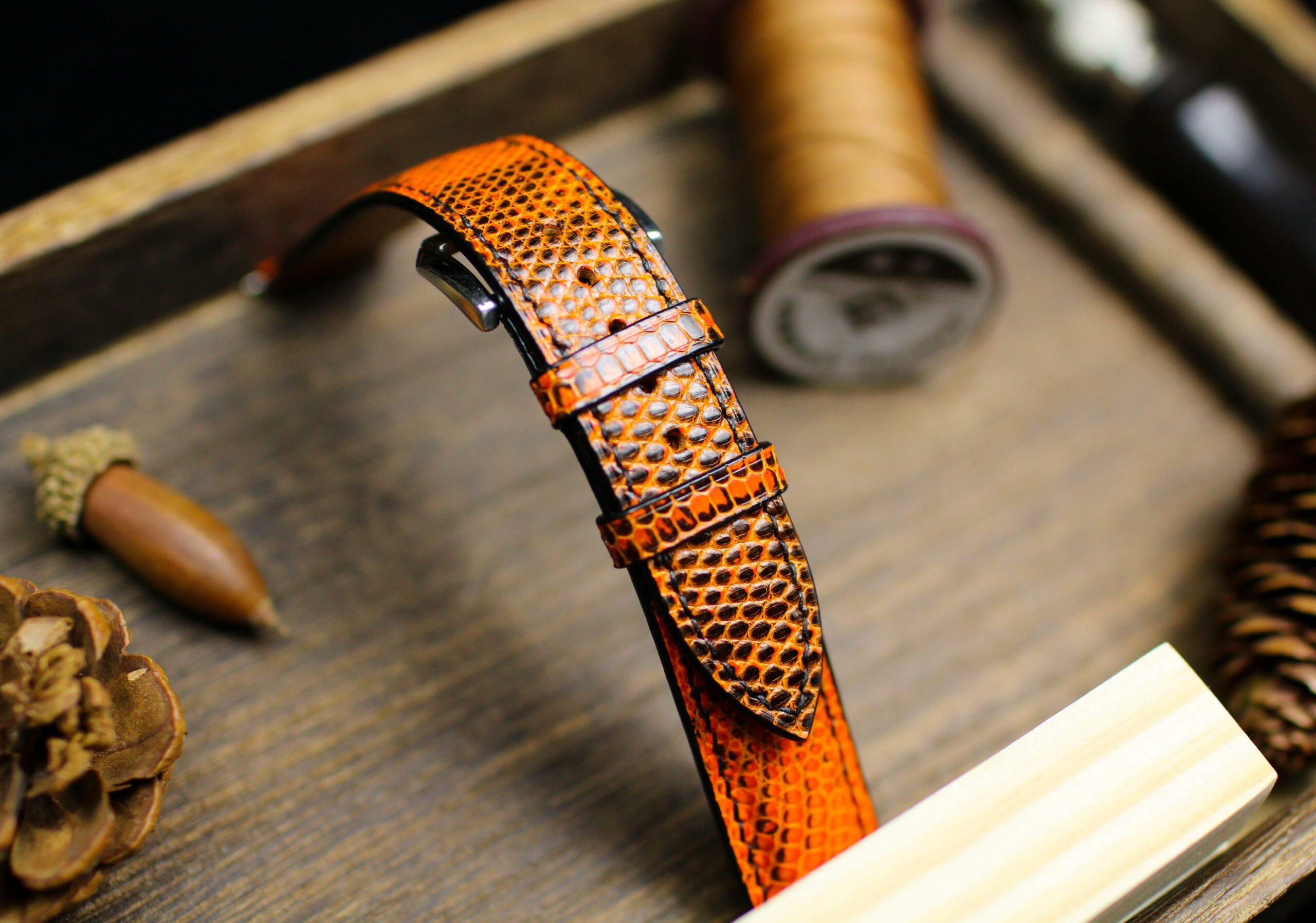 Lizard Leather Watch Strap in Orange & Black · Handmade in Saigon - Image 2