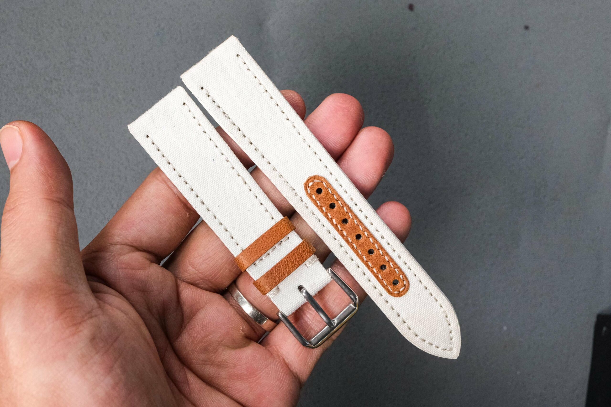 Canvas Watch Strap in Off White & Brown · Handmade in Saigon - Image 2