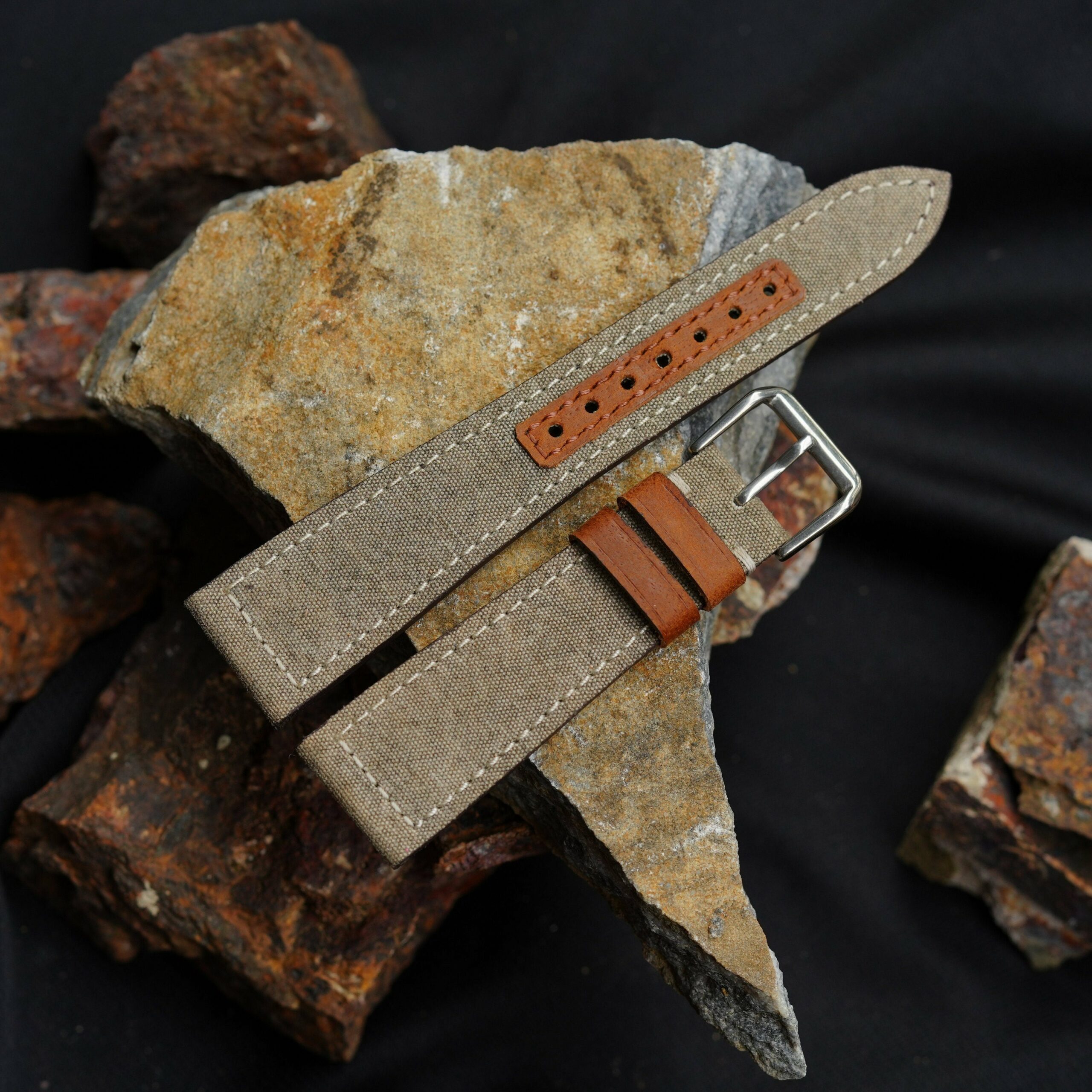 Sailcloth Rubber Watch Strap in Grey & Brown · Handmade in Saigon - Image 2