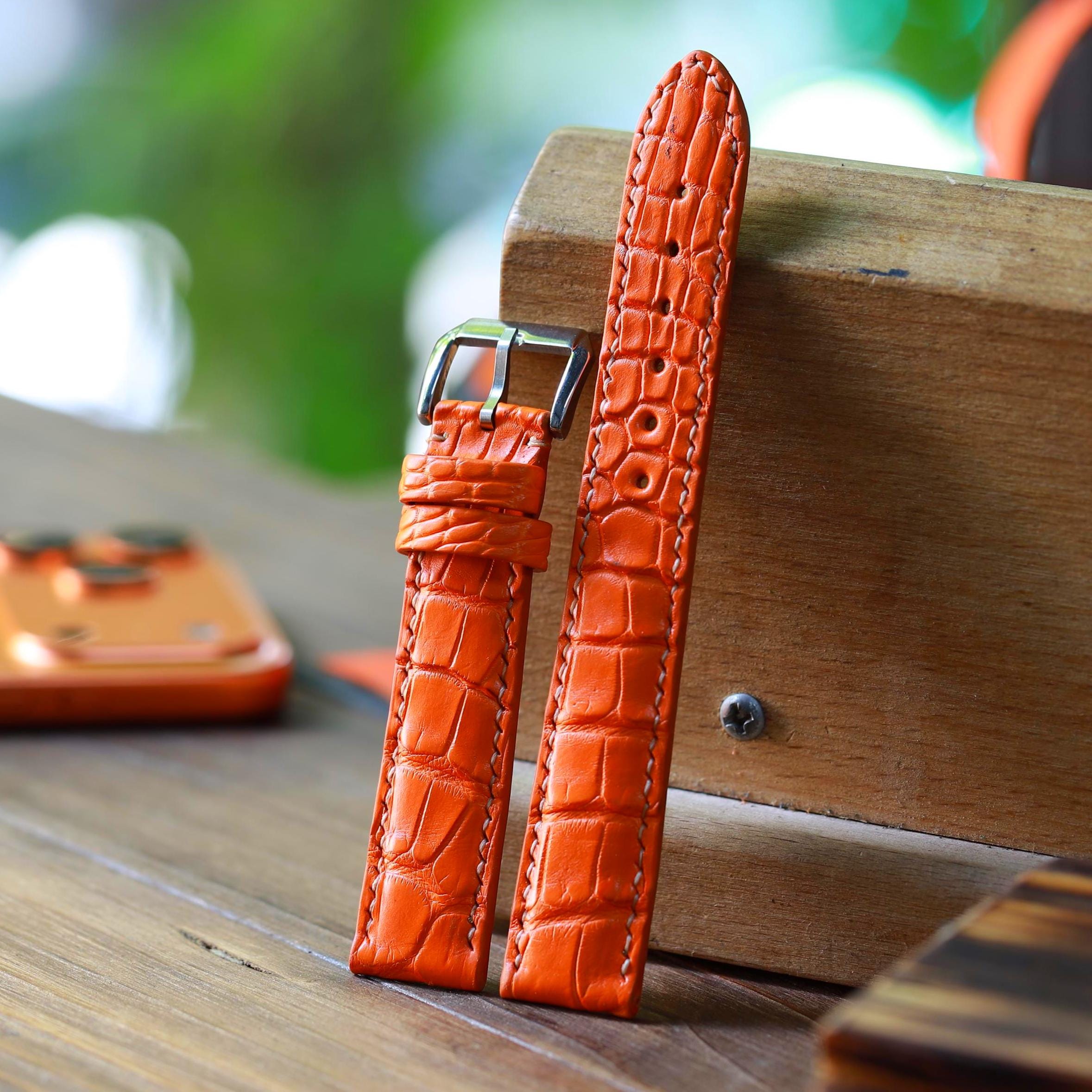 Alligator Leather Watch Strap in Orange · Handmade in Saigon - Image 2