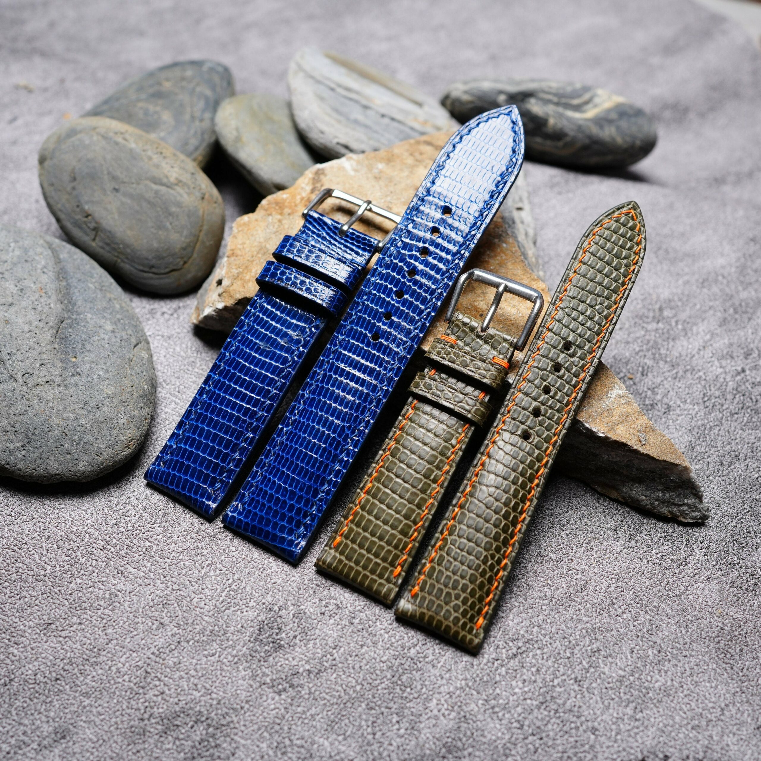 Lizard Leather Watch Strap in Olive & Blue · Handmade in Saigon - Image 2