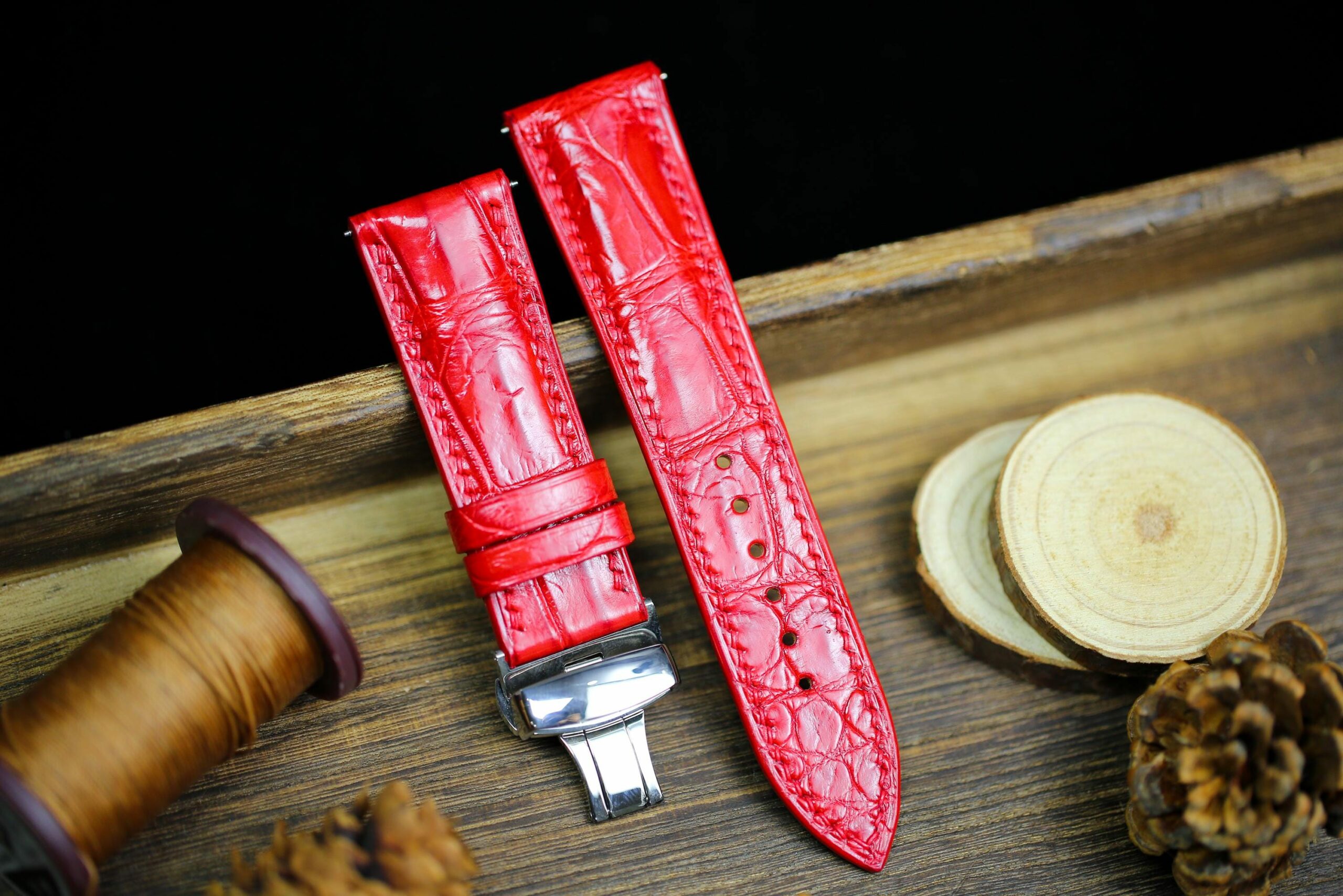 Alligator Leather Watch Strap in Bright Red · Handmade in Saigon - Image 2