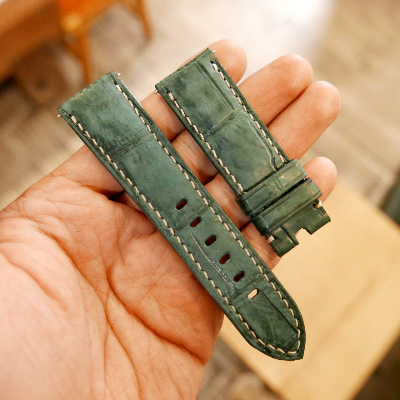 Nubuck Leather Watch Strap in Green Alligator-Embossed · Handmade in Saigon - Image 2