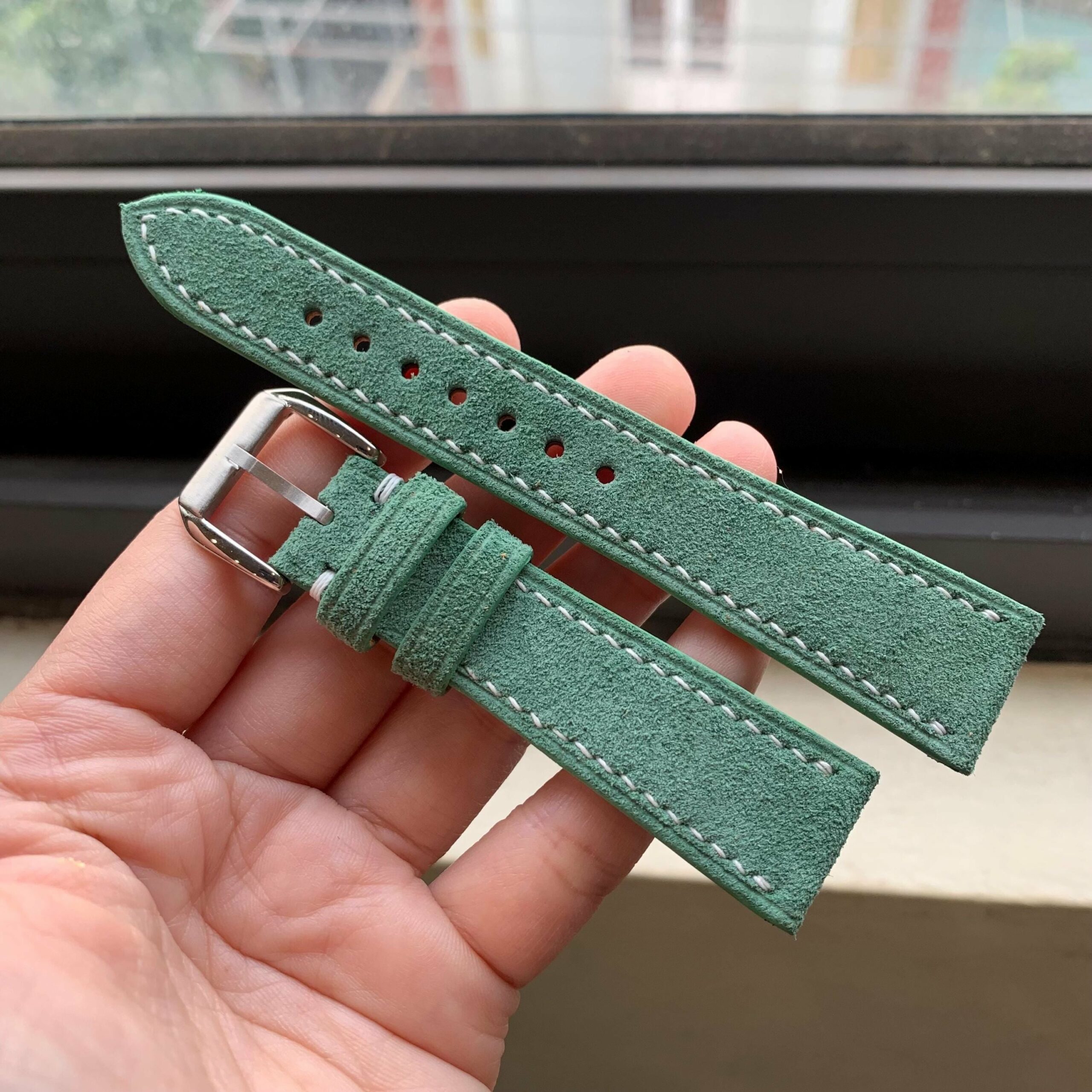Suede Leather Watch Strap in Light Green · Handmade in Saigon - Image 2