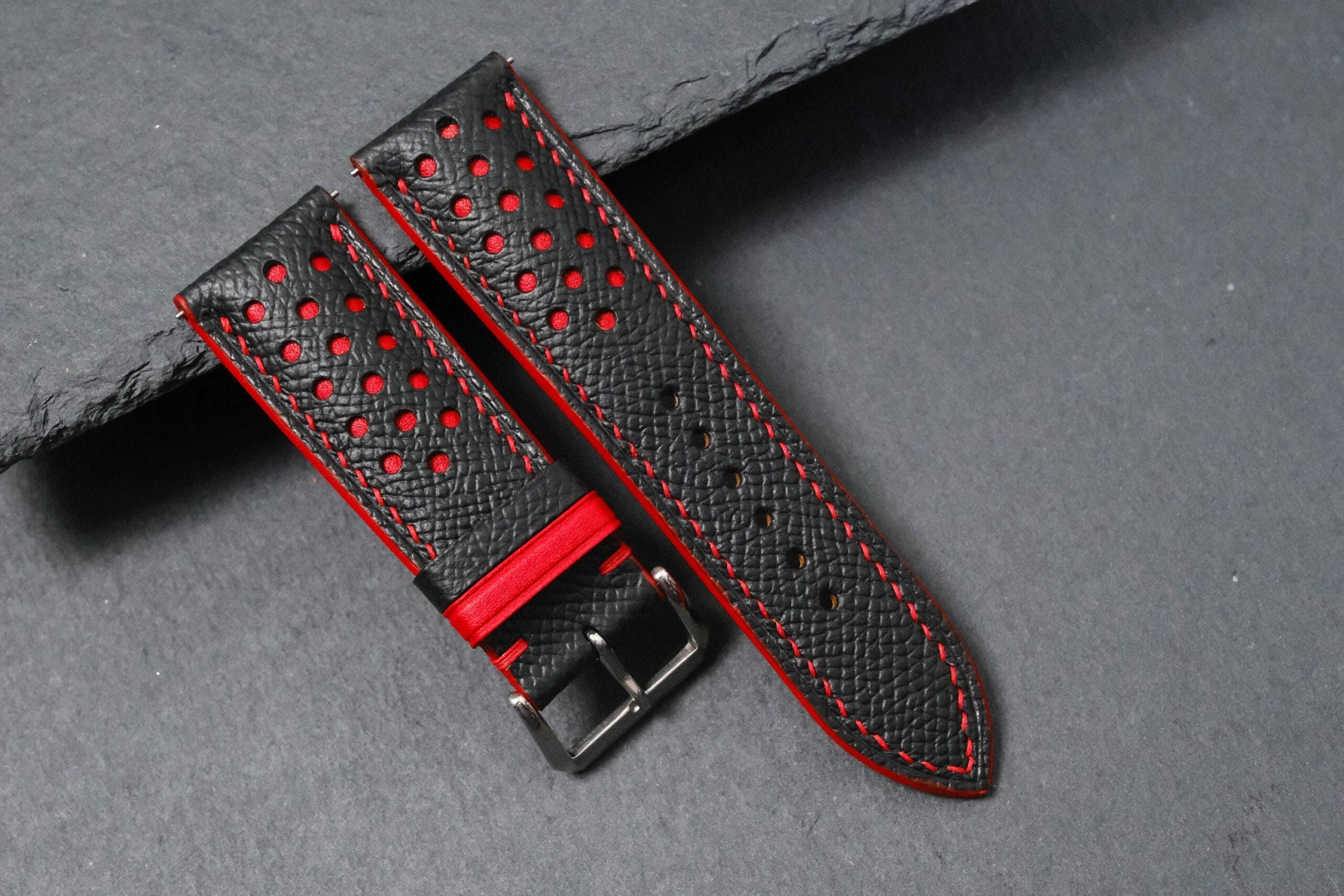 Racing Epsom Leather Watch Strap in Black Red & Red · Rally · Handmade in Saigon - Image 2