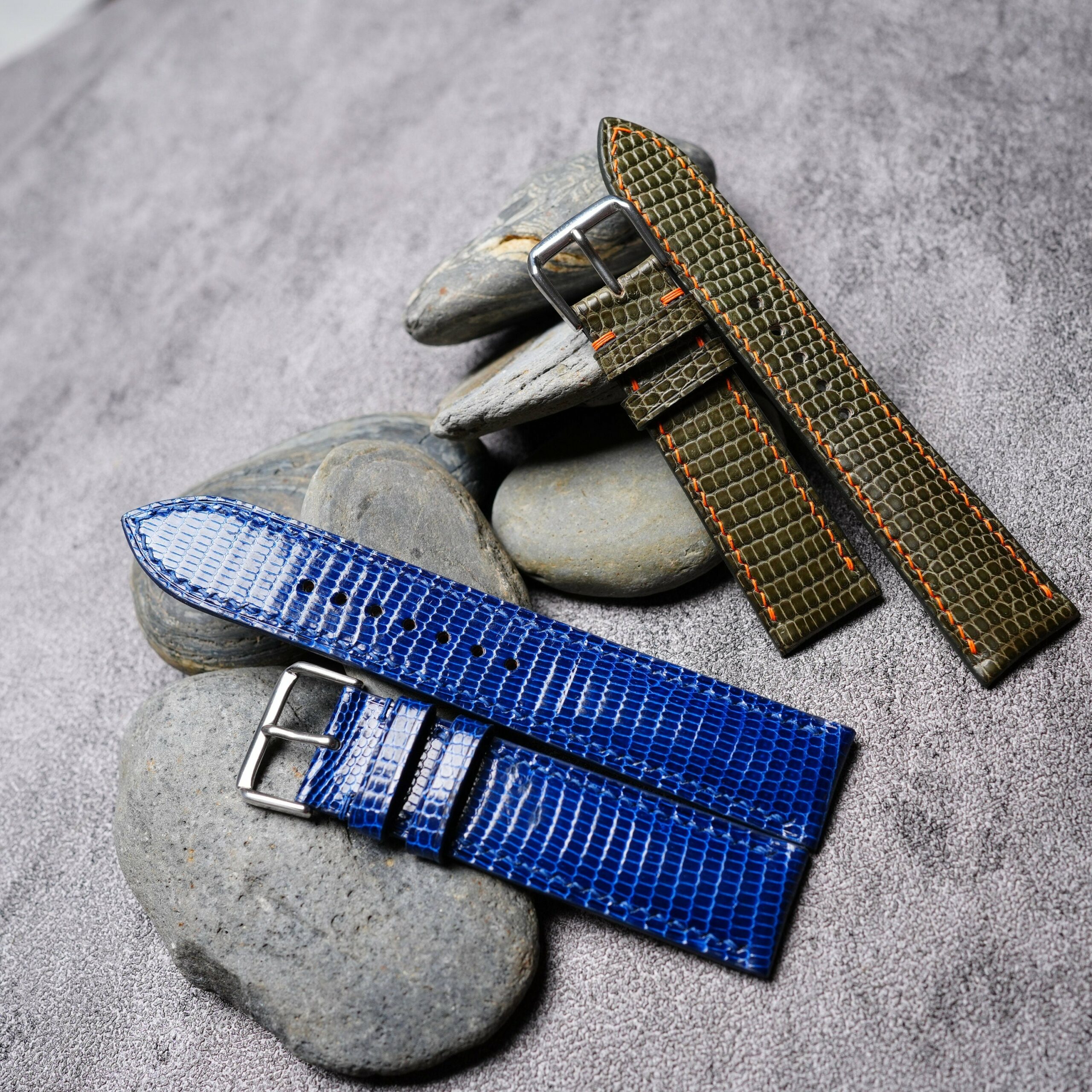 Lizard Leather Watch Strap in Olive & Blue · Handmade in Saigon - Image 3
