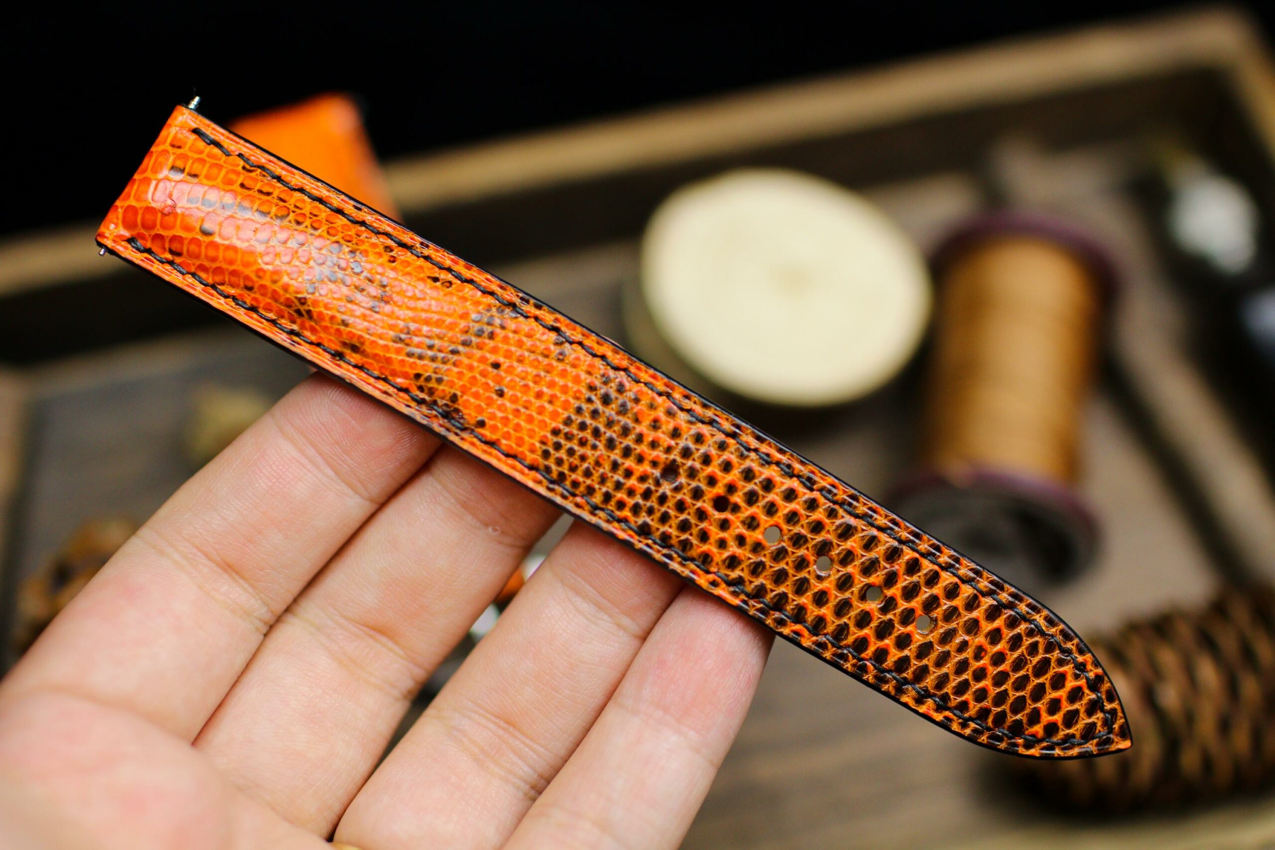 Lizard Leather Watch Strap in Orange & Black · Handmade in Saigon - Image 3