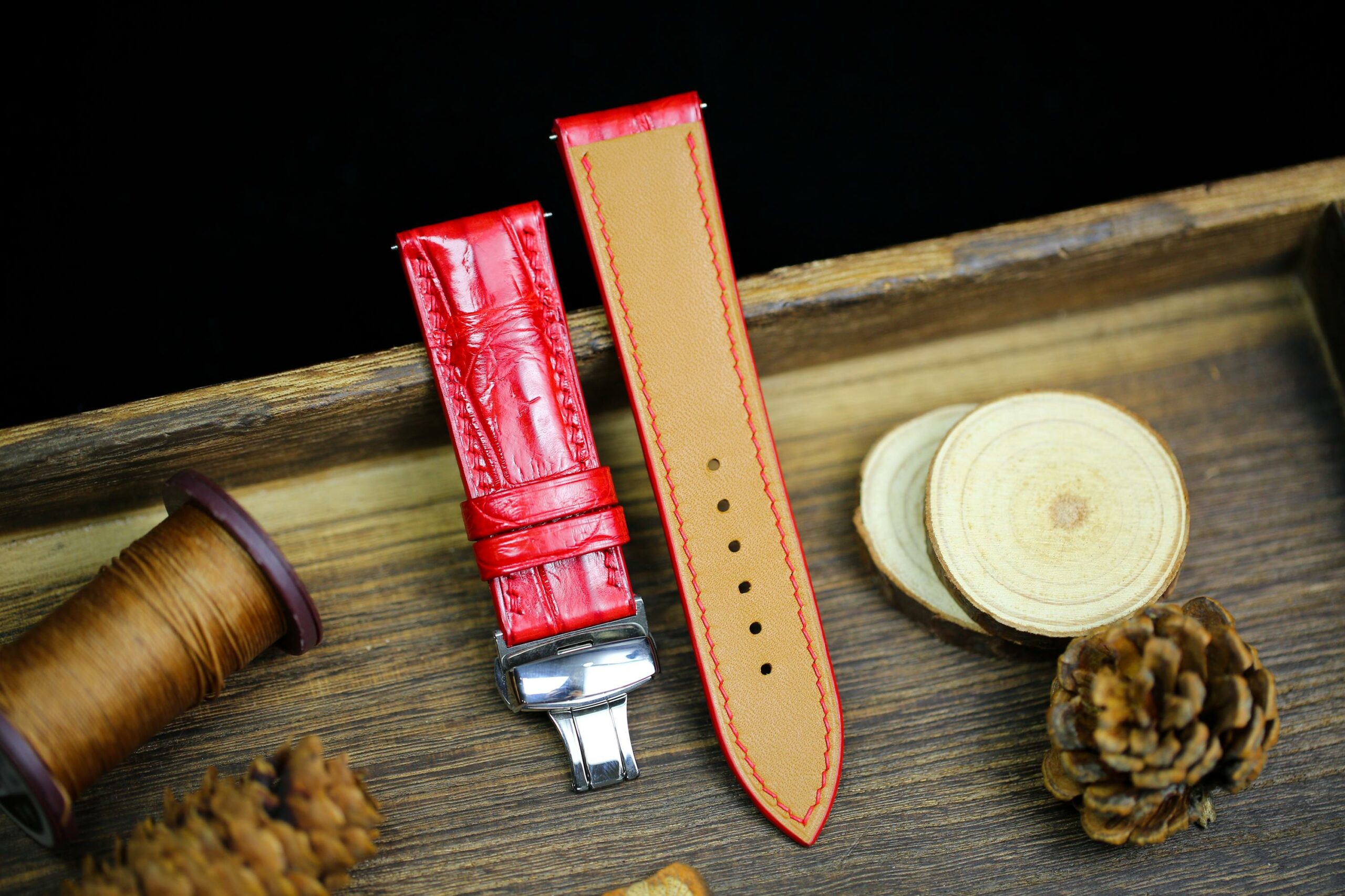 Alligator Leather Watch Strap in Bright Red · Handmade in Saigon - Image 3