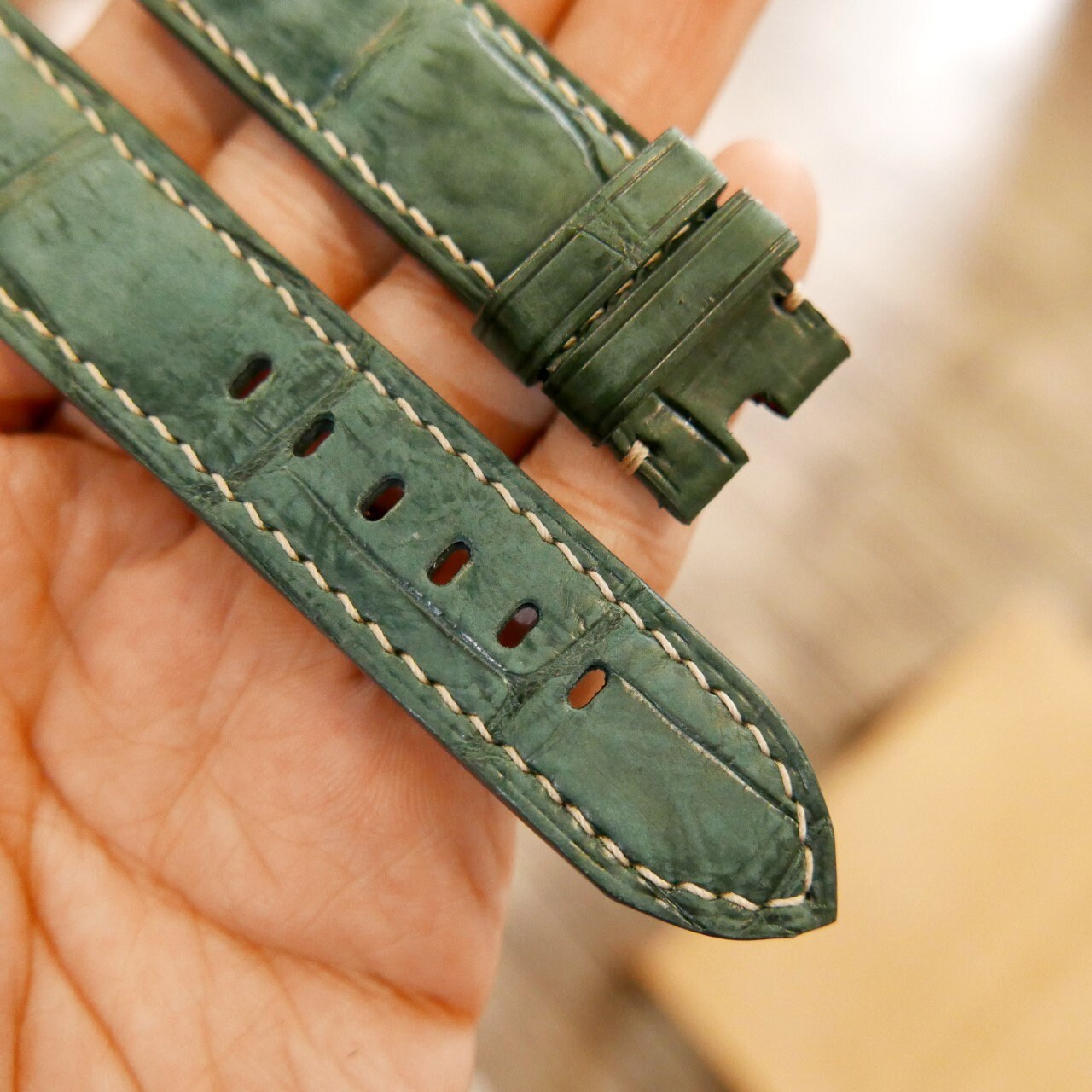 Nubuck Leather Watch Strap in Green Alligator-Embossed · Handmade in Saigon - Image 3