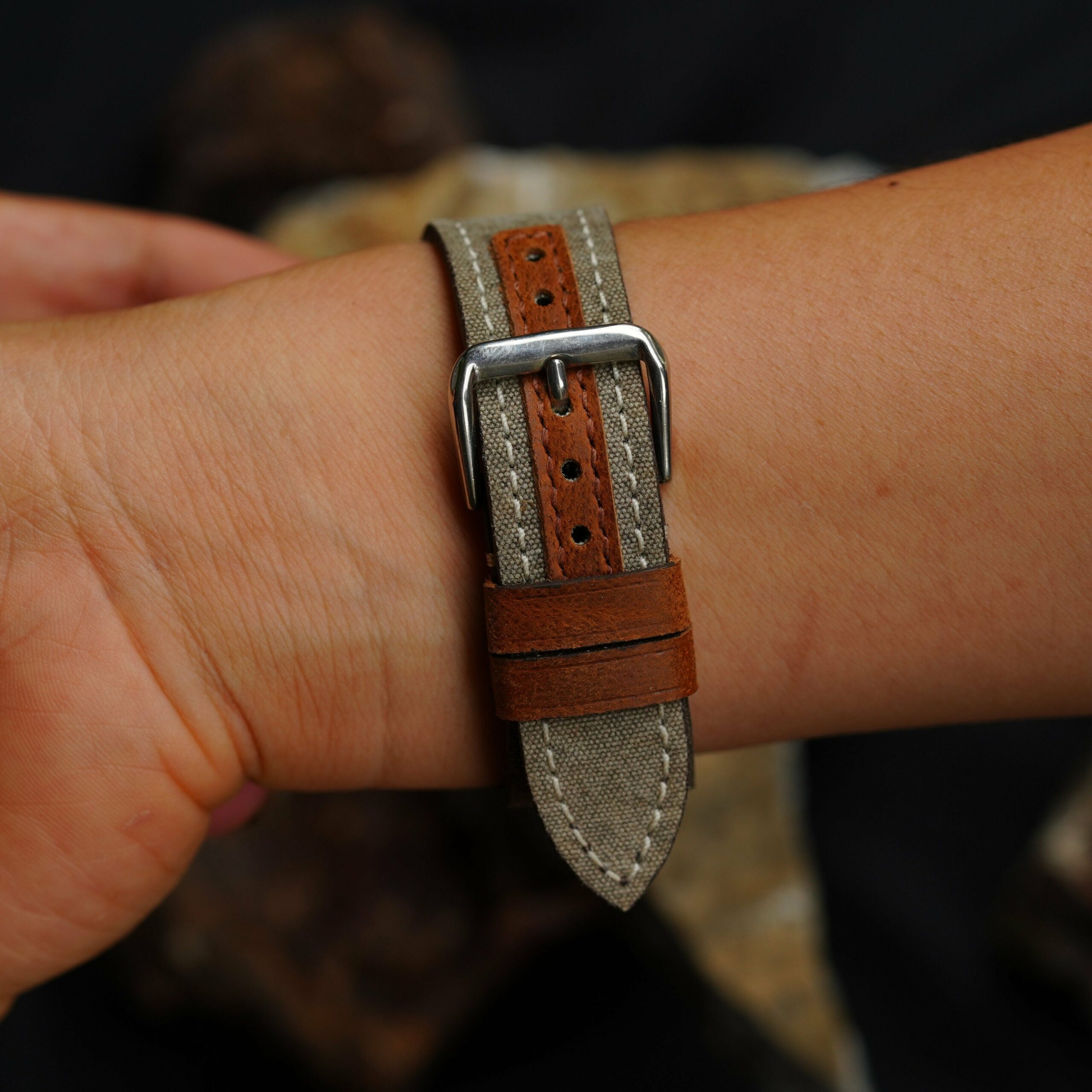 Sailcloth Rubber Watch Strap in Grey & Brown · Handmade in Saigon - Image 3