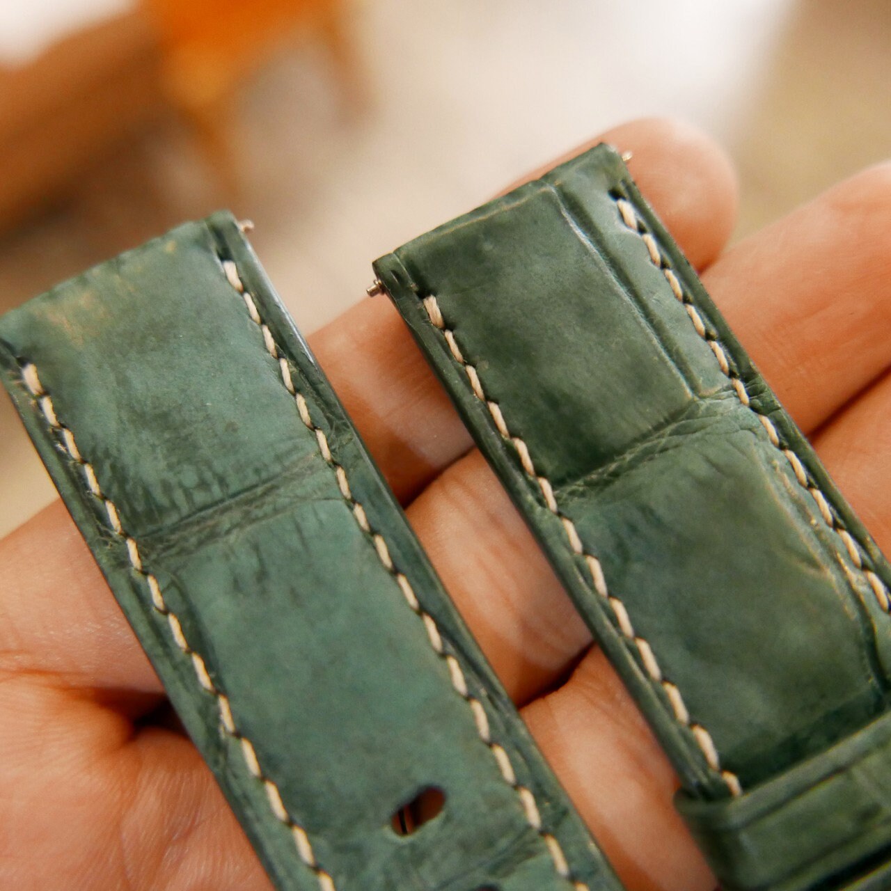 Nubuck Leather Watch Strap in Green Alligator-Embossed · Handmade in Saigon - Image 4