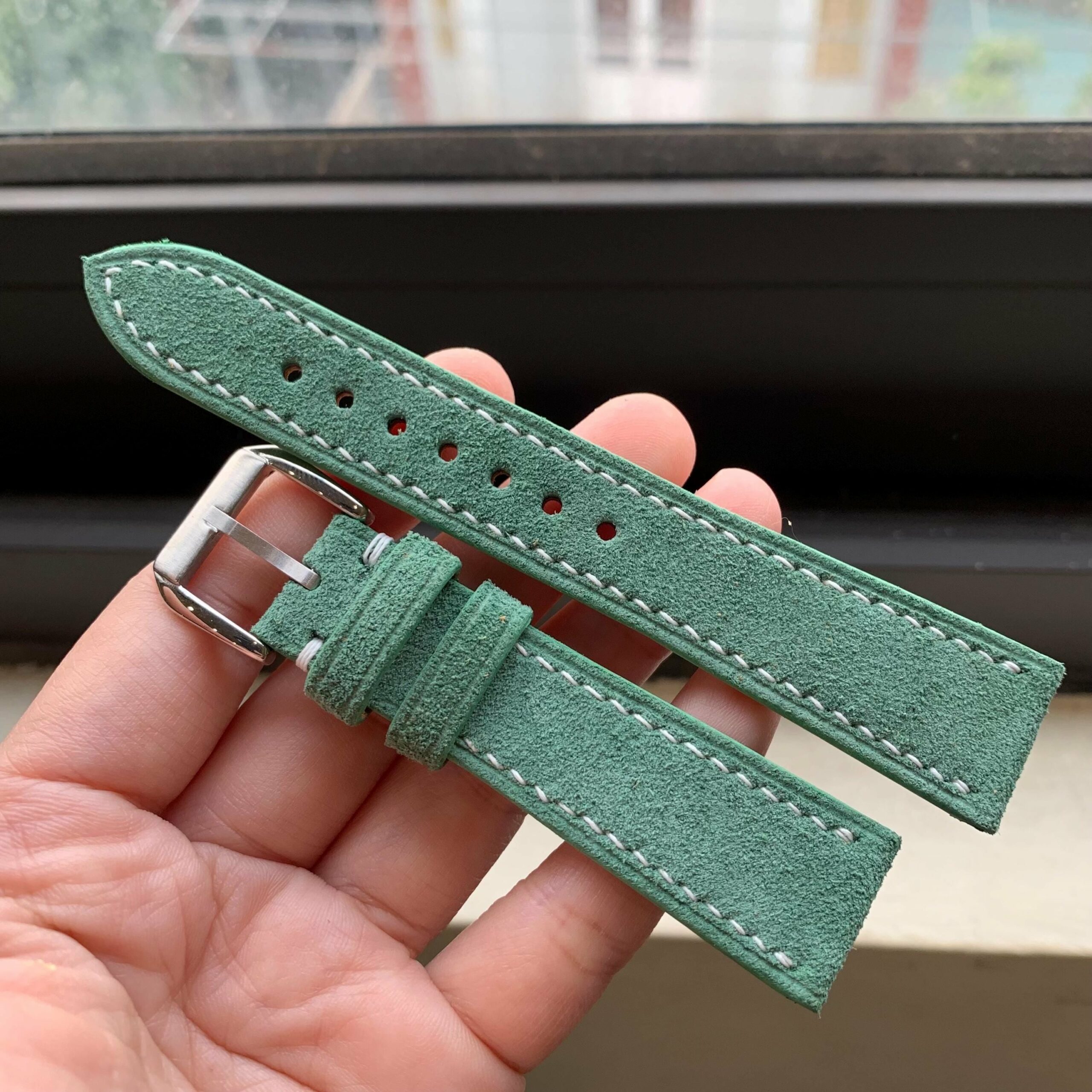 Suede Leather Watch Strap in Light Green · Handmade in Saigon - Image 4
