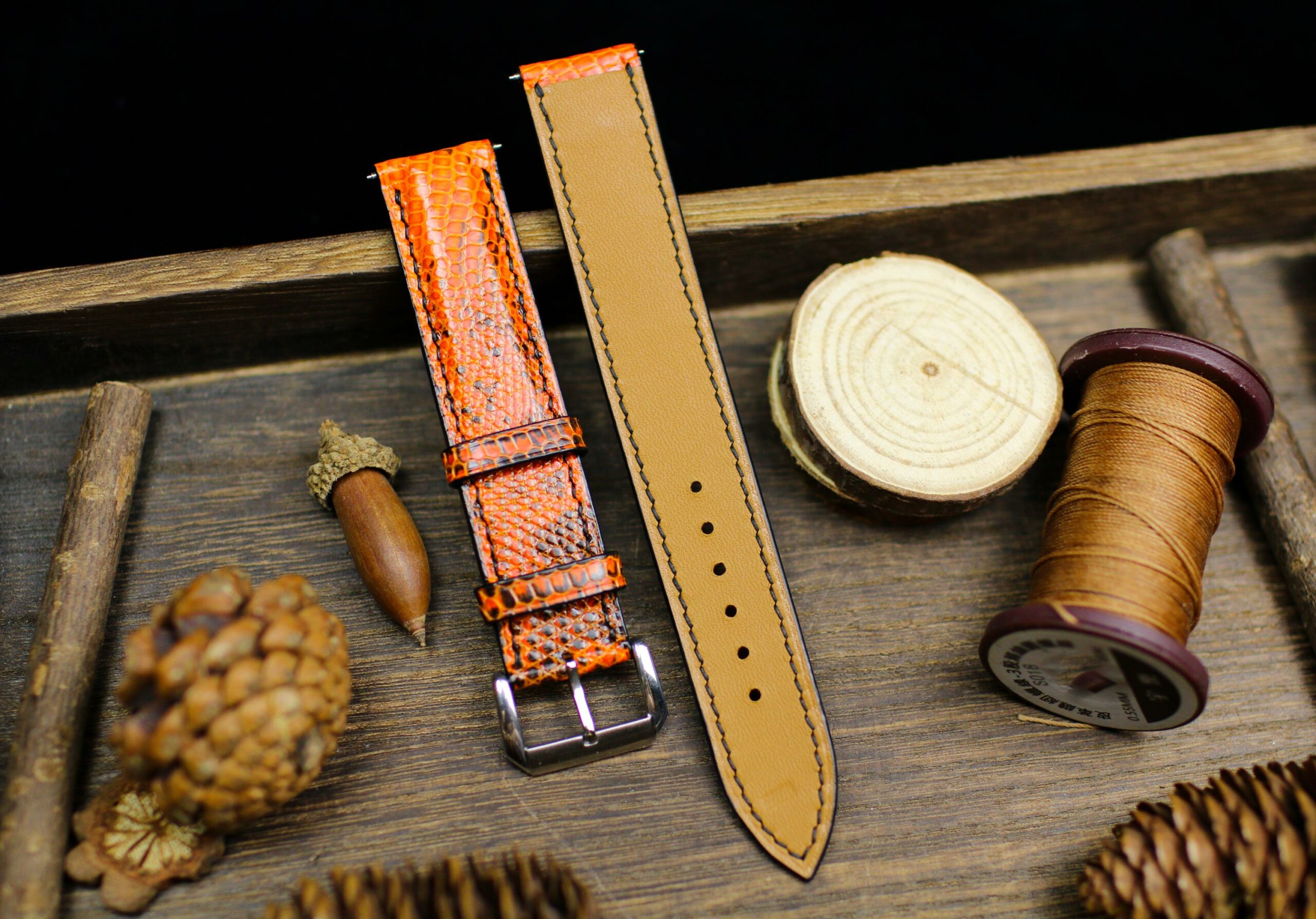 Lizard Leather Watch Strap in Orange & Black · Handmade in Saigon - Image 4