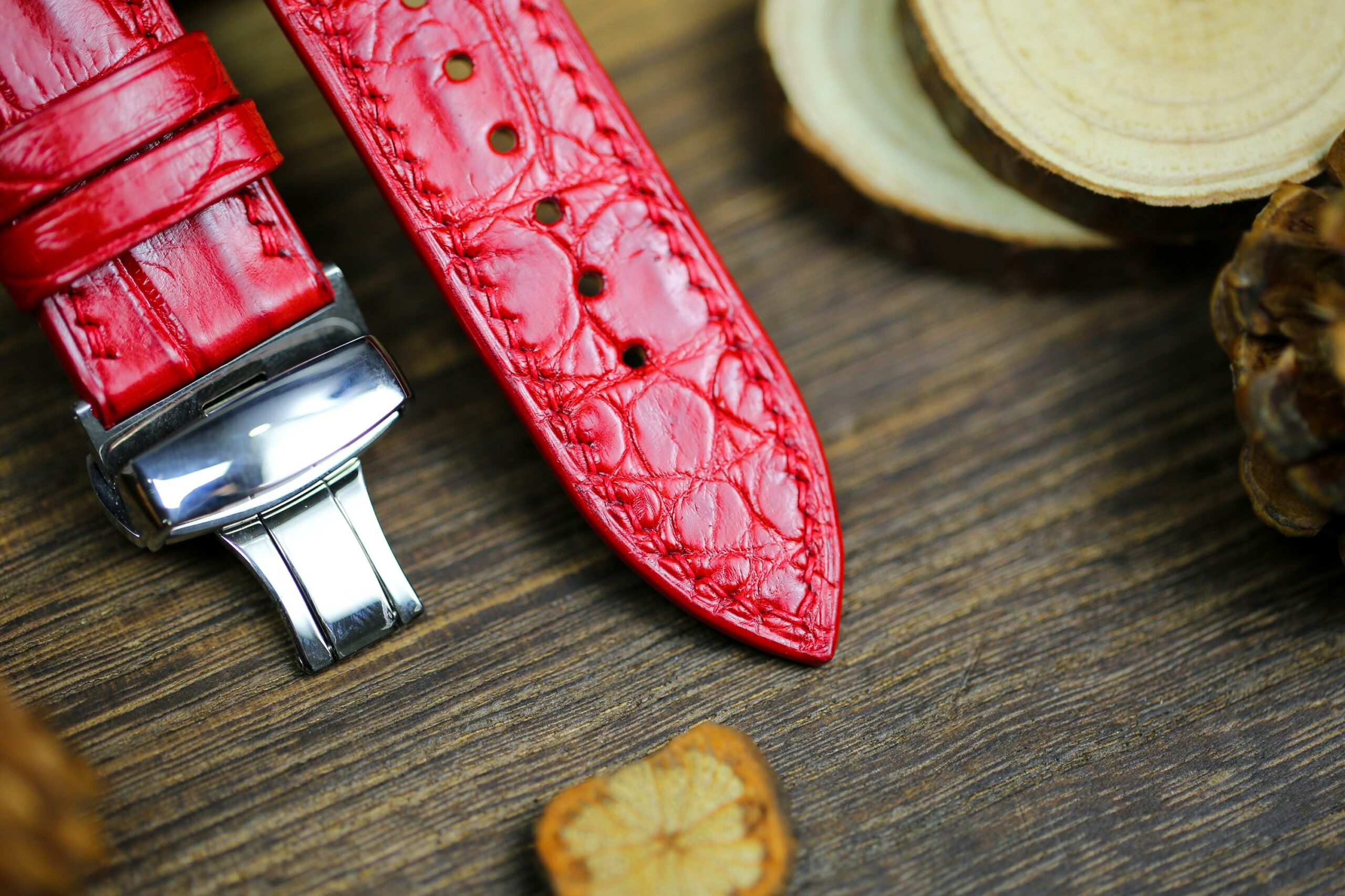 Alligator Leather Watch Strap in Bright Red · Handmade in Saigon - Image 4