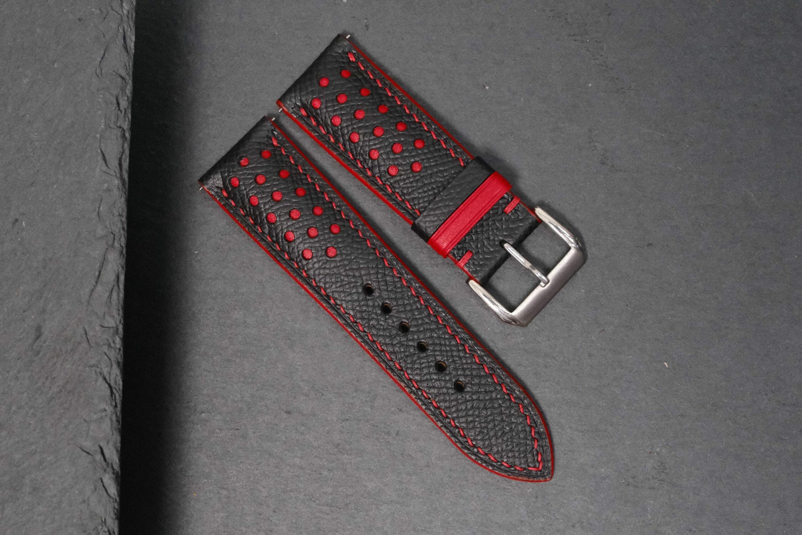 Racing Epsom Leather Watch Strap in Black Red & Red · Rally · Handmade in Saigon - Image 3