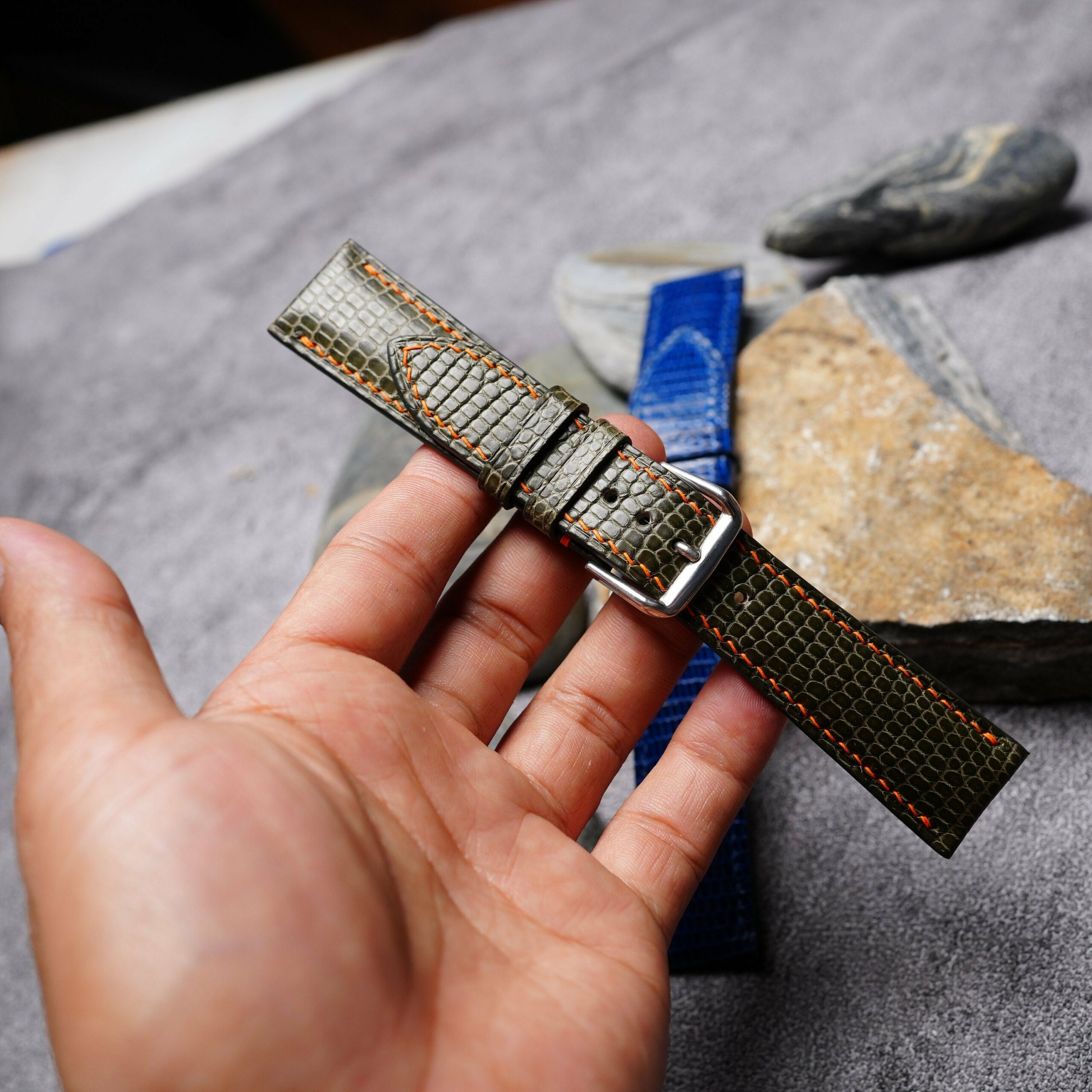 Lizard Leather Watch Strap in Olive & Blue · Handmade in Saigon - Image 4