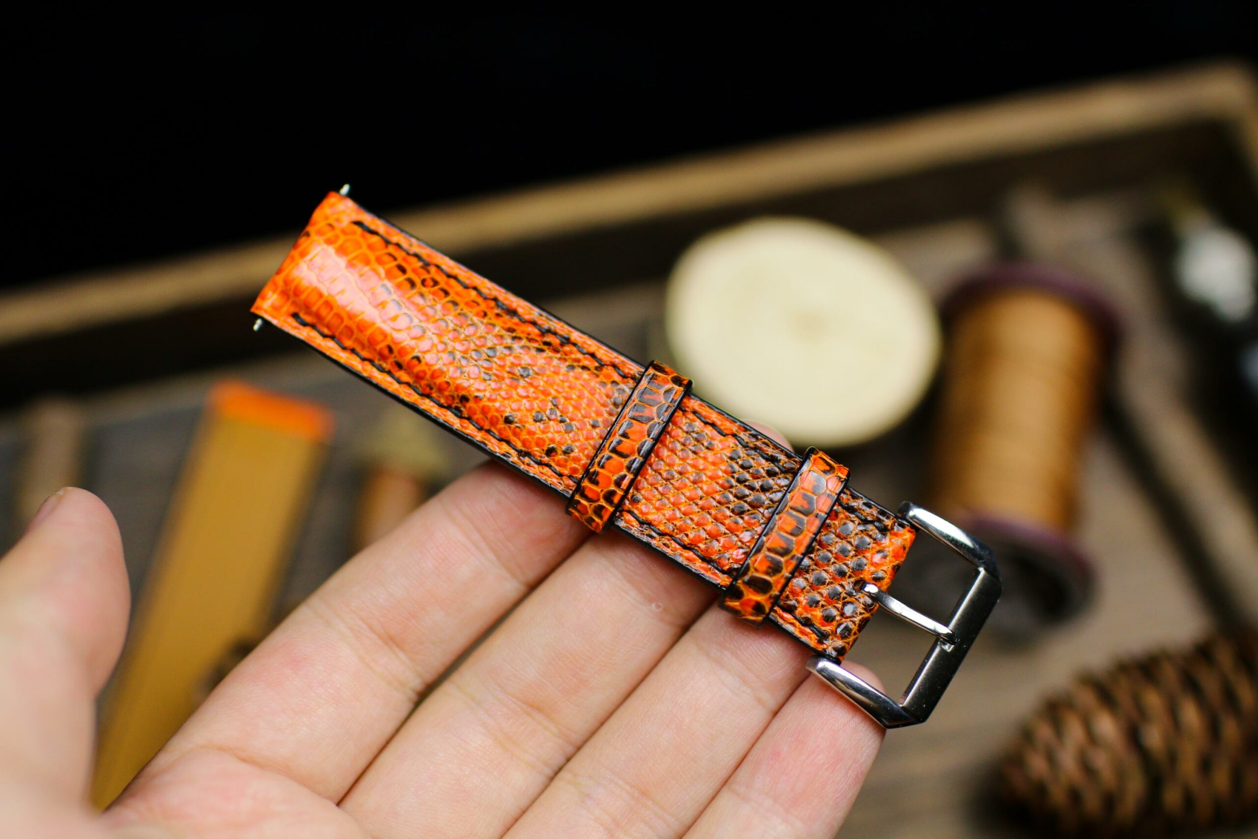 Lizard Leather Watch Strap in Orange & Black · Handmade in Saigon - Image 5