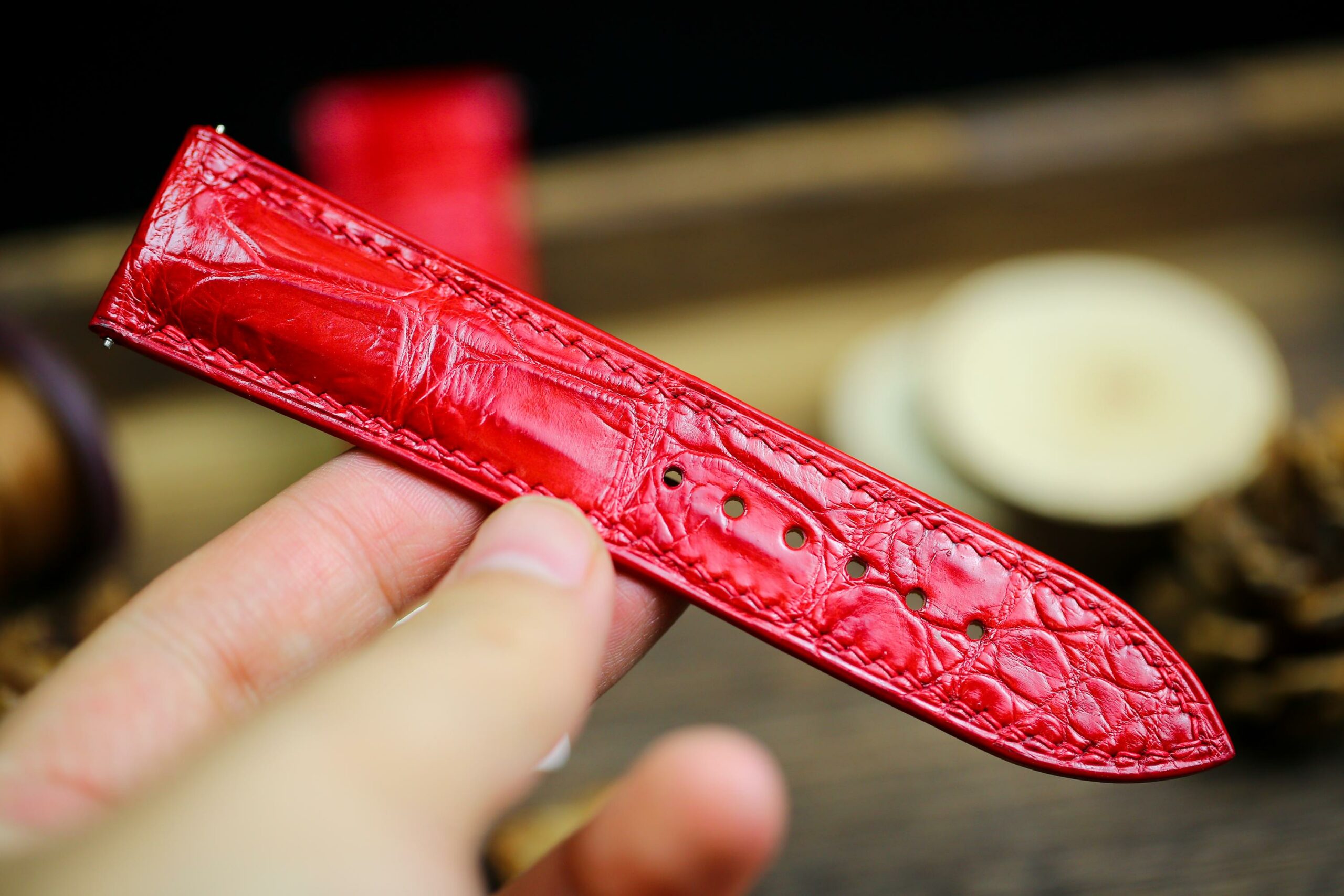 Alligator Leather Watch Strap in Bright Red · Handmade in Saigon - Image 5