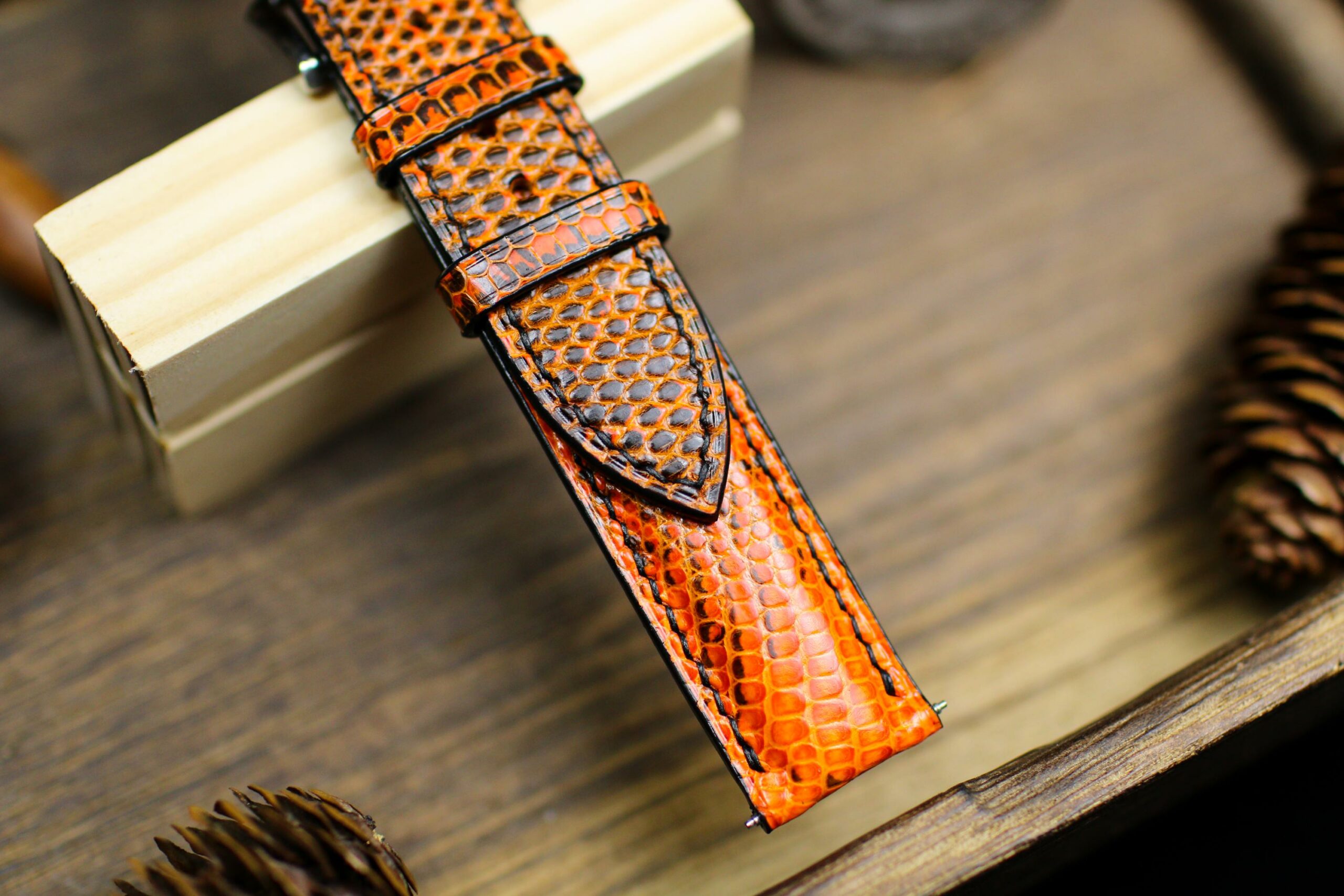 Lizard Leather Watch Strap in Orange & Black · Handmade in Saigon - Image 6