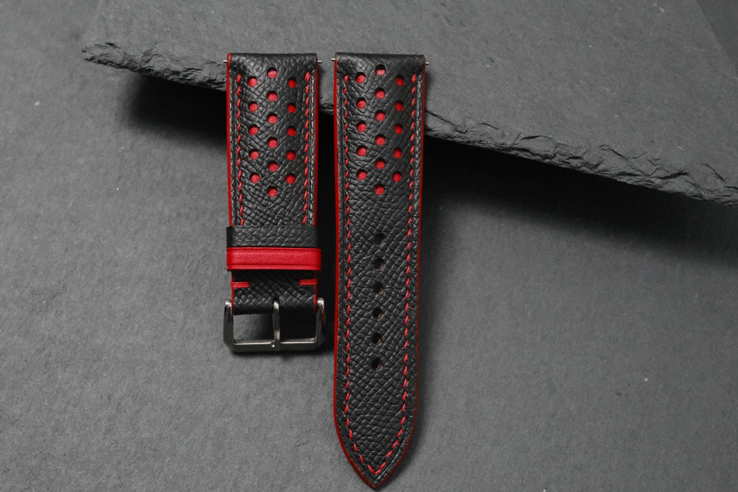 Racing Epsom Leather Watch Strap in Black Red & Red · Rally · Handmade in Saigon - Image 4