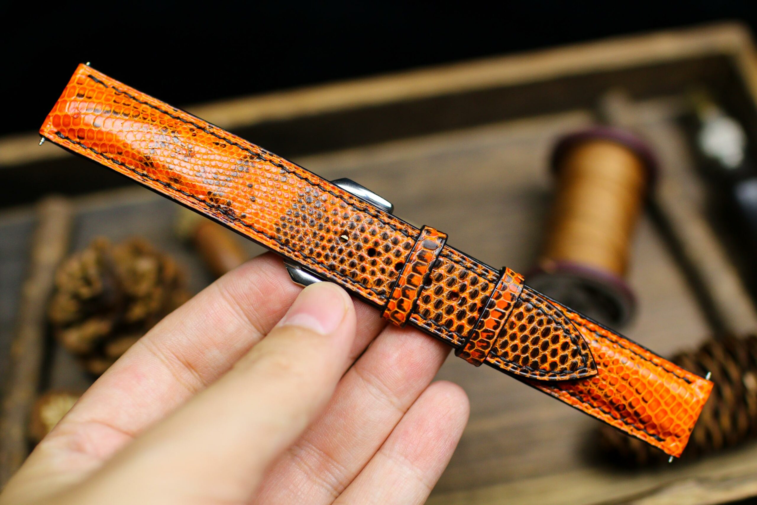 Lizard Leather Watch Strap in Orange & Black · Handmade in Saigon - Image 7