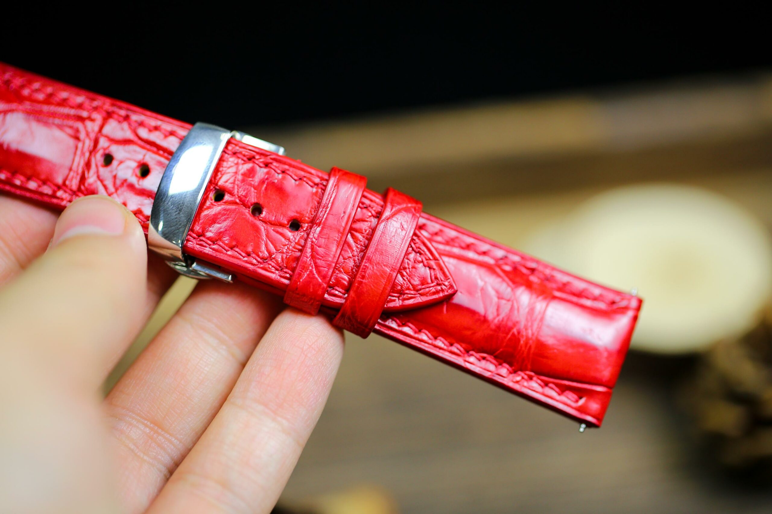 Alligator Leather Watch Strap in Bright Red · Handmade in Saigon - Image 7