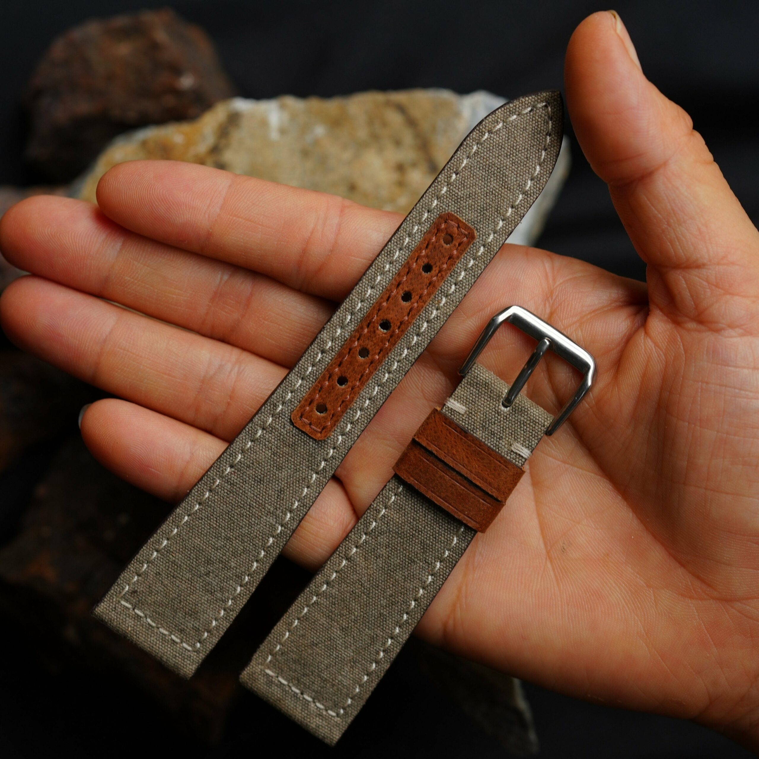 Sailcloth Rubber Watch Strap in Grey & Brown · Handmade in Saigon - Image 7