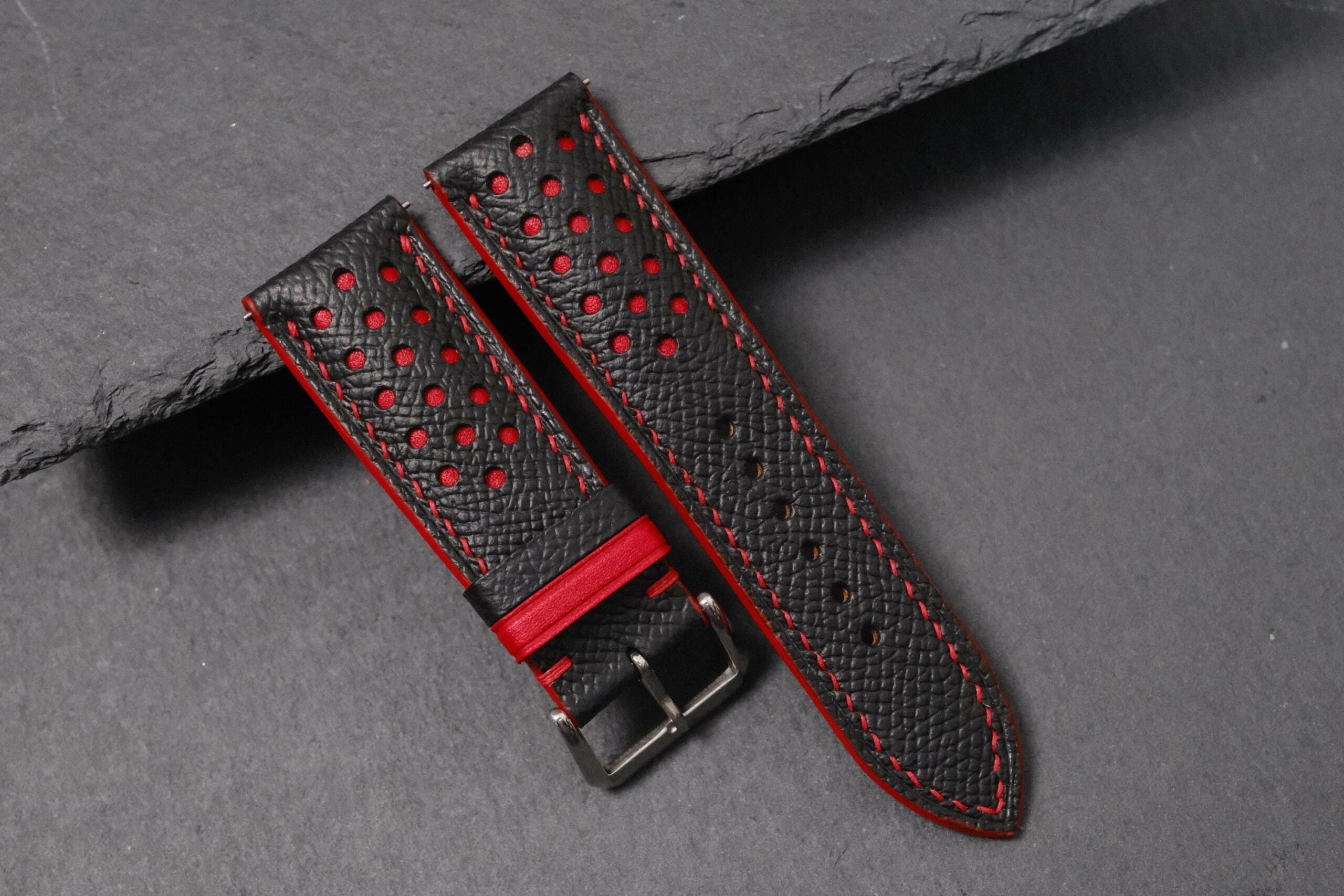 Racing Epsom Leather Watch Strap in Black Red & Red · Rally · Handmade in Saigon - Image 5