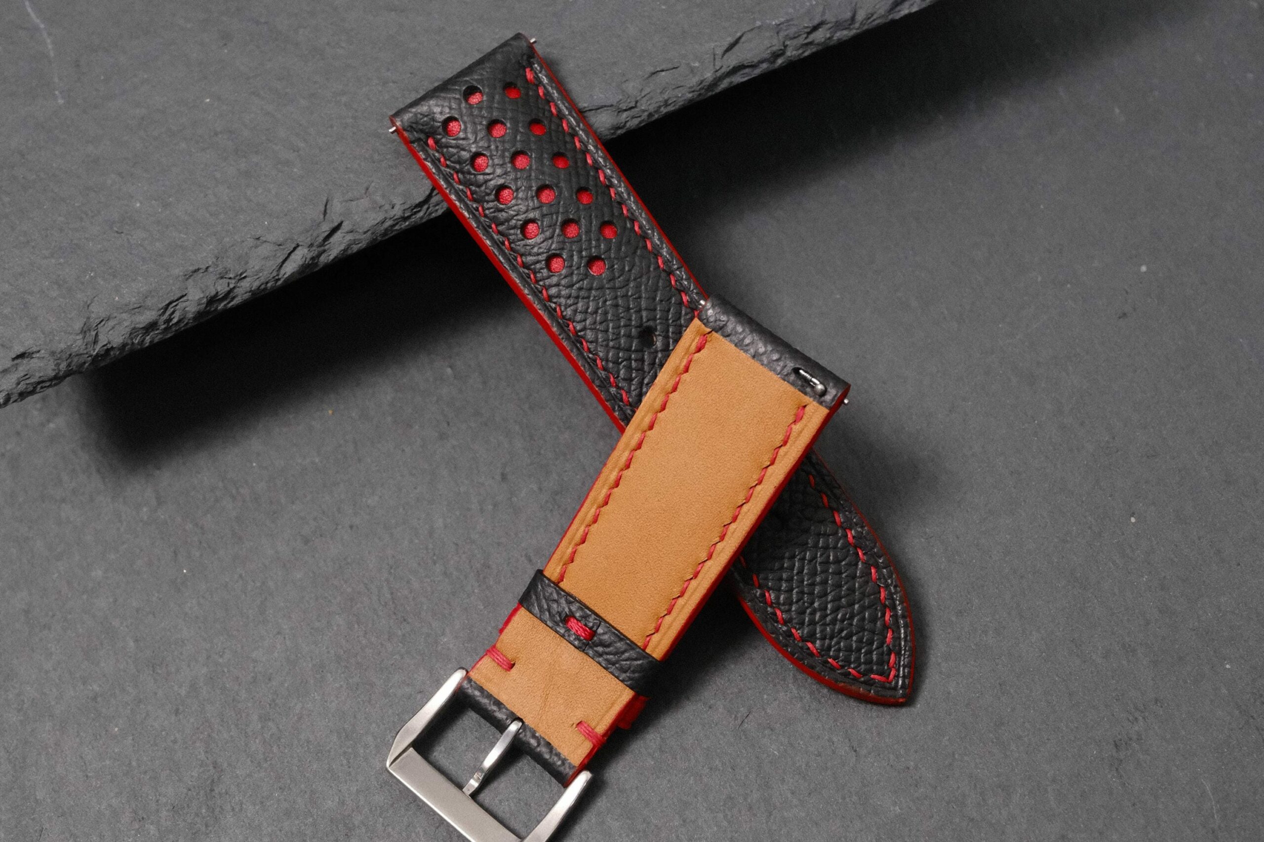 Racing Epsom Leather Watch Strap in Black Red & Red · Rally · Handmade in Saigon - Image 6