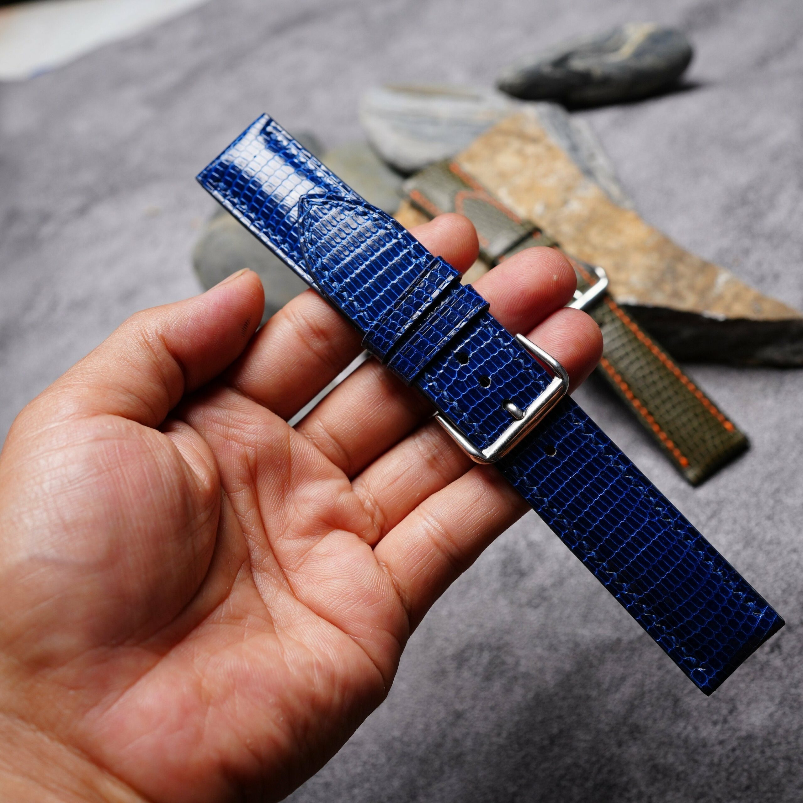 Lizard Leather Watch Strap in Olive & Blue · Handmade in Saigon - Image 7