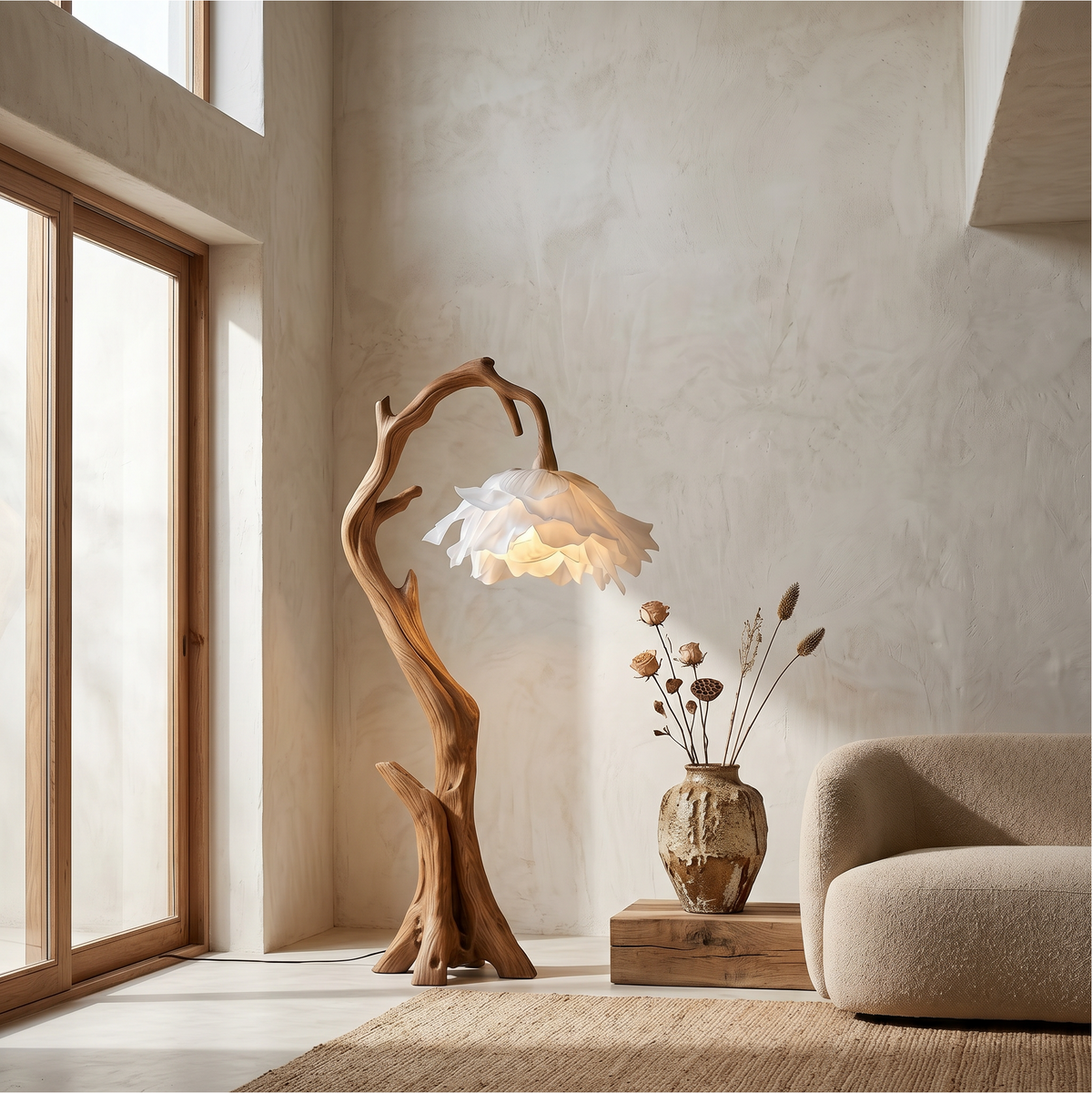 Flower Floor Lamp with Handcrafted Solid Wood Base