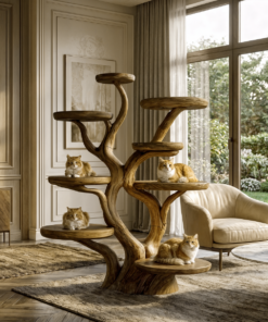 Rustic Solid Wood Cat Tree with Curved Trunk and Tiered Platforms