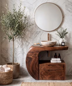 Modern Organic Wood Bathroom Vanity with Open Shelf Cabinet