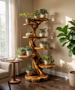 Rustic Solid Wood Tree Plant Shelf with Branch Display Surfaces