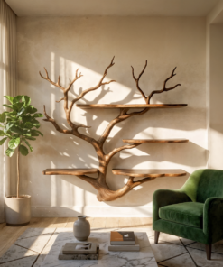 Sculptural Tree Branch Wall Shelf for Living Room and Studio