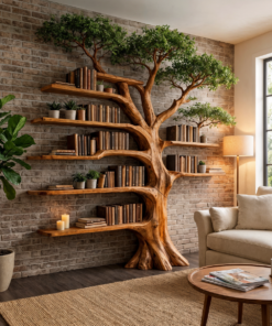 Solid Wood Tree Bookcase with Built-In Reading Bench