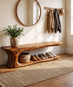 Rustic Live Edge Solid Wood Shoe Bench for Entryway