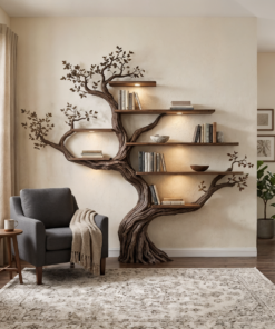 Modern Organic Tree Branch Bookshelf, Flowing Wall Feature