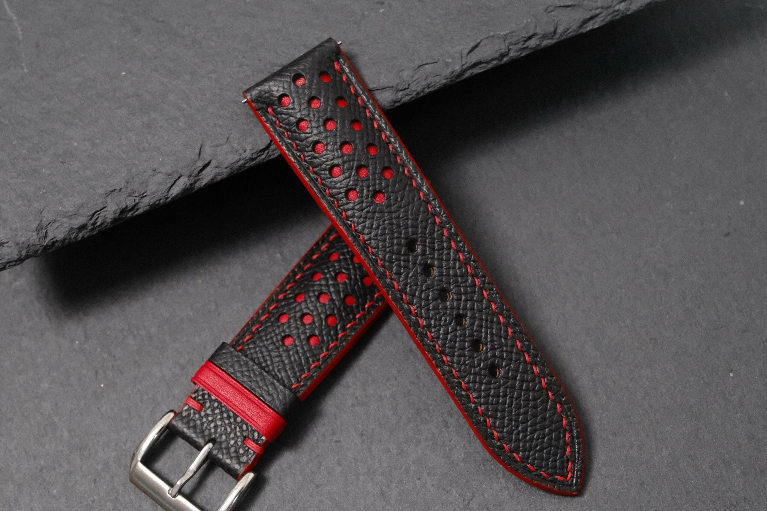 Racing Epsom Leather Watch Strap in Black Red & Red · Rally · Handmade in Saigon - Image 7