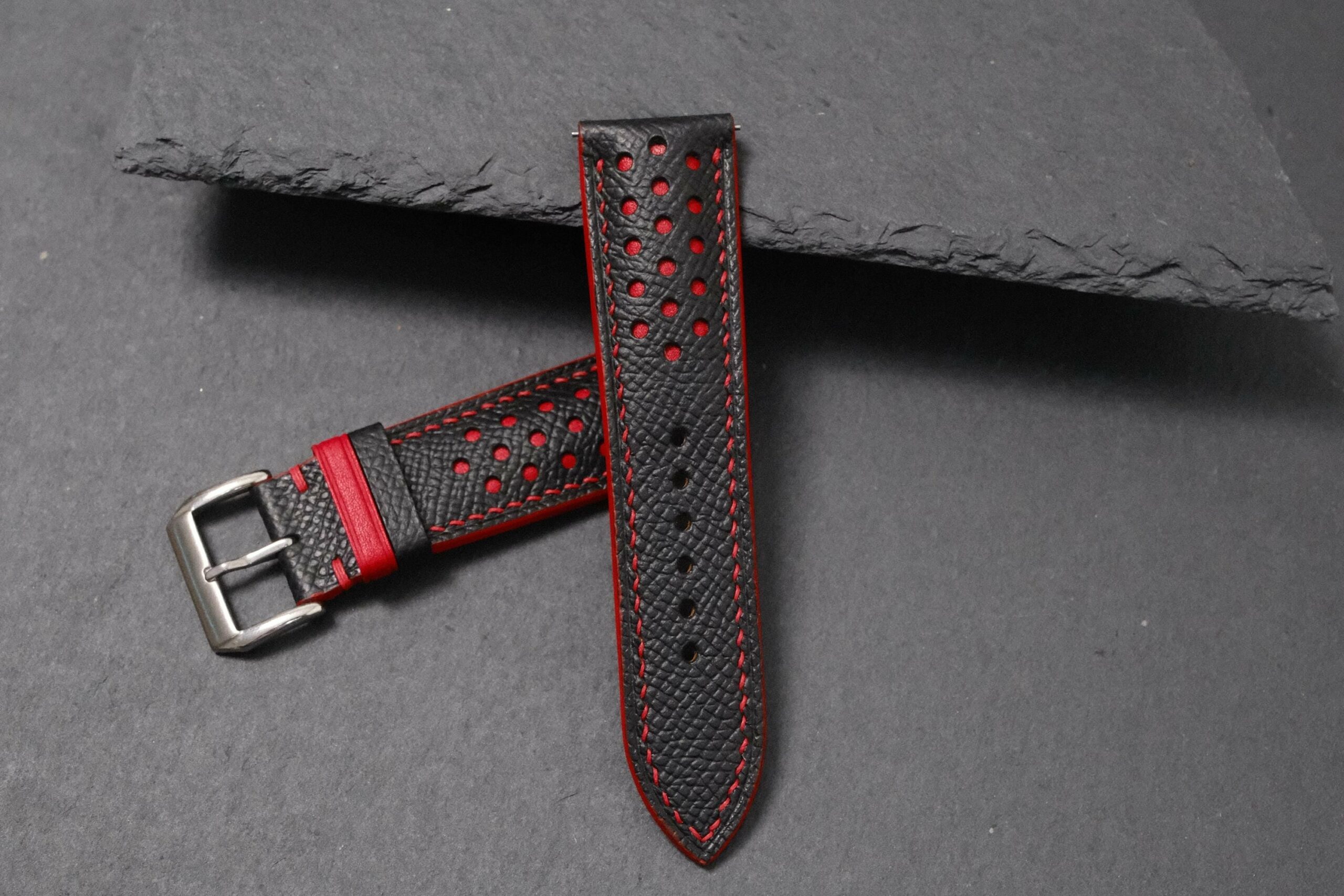 Racing Epsom Leather Watch Strap in Black Red & Red · Rally · Handmade in Saigon - Image 8