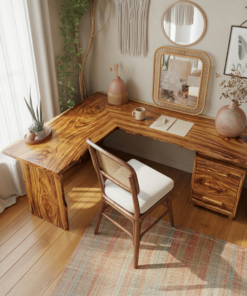 L Shaped Solid Wood Corner Desk with Drawers