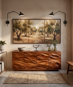 Minimalist Solid Wood Sideboard with Wave-Carved Doors