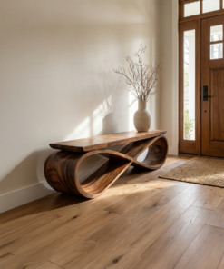 Infinity Loop Sculptural Solid Wood Bench for Entryway